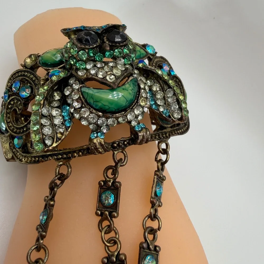 Vintage Style Owl Slave Bracelet Hand Flower Ring Set Green Blue Rhinestone Cuff